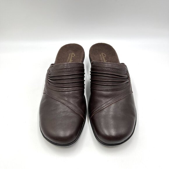 Clarks Womens Size 8.5M Brown Leather Slip On Mules Clogs Shoes - Picture 2 of 14